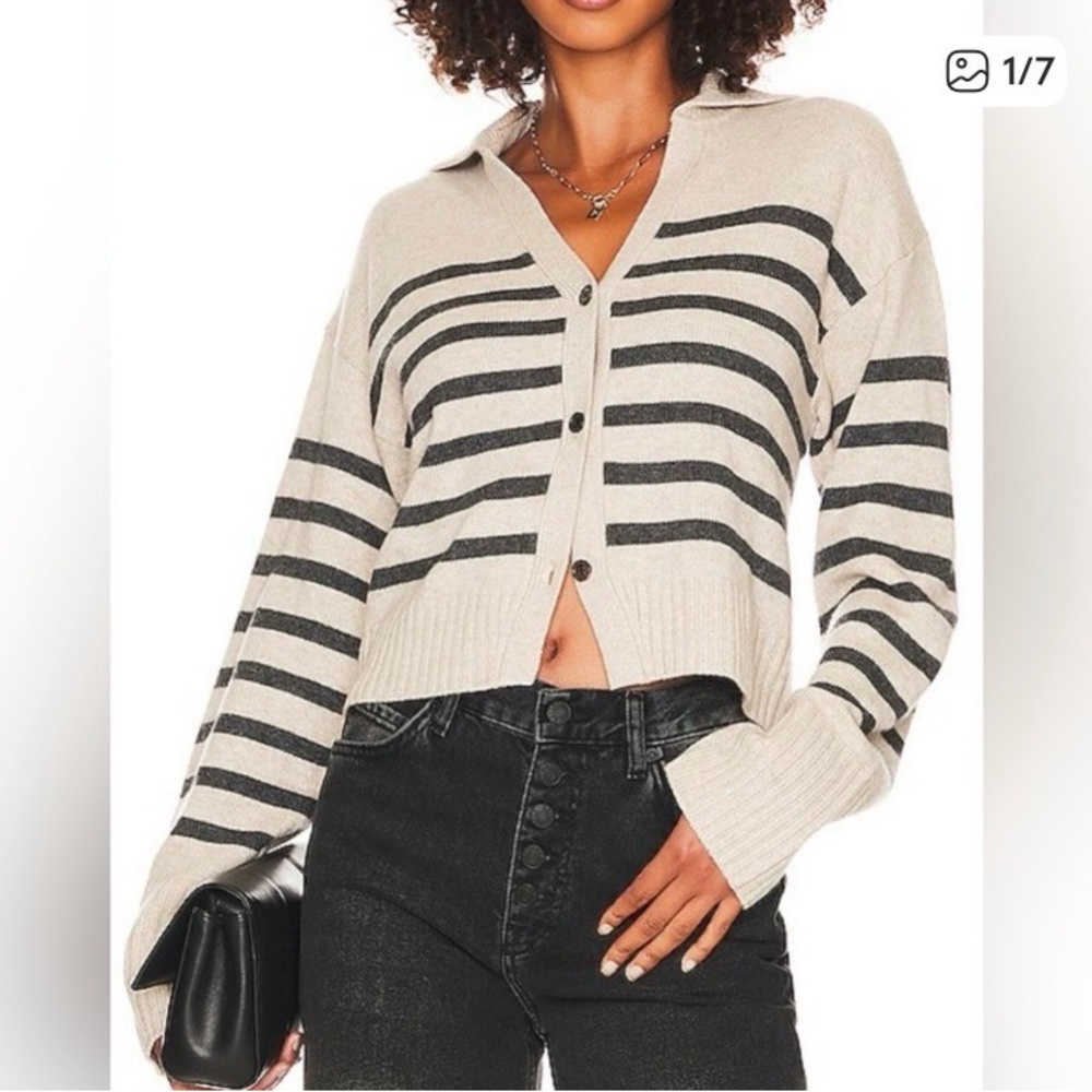 Harper Lane Charcoal and Tan Striped Cardigan - Wool and Cashmere Blend